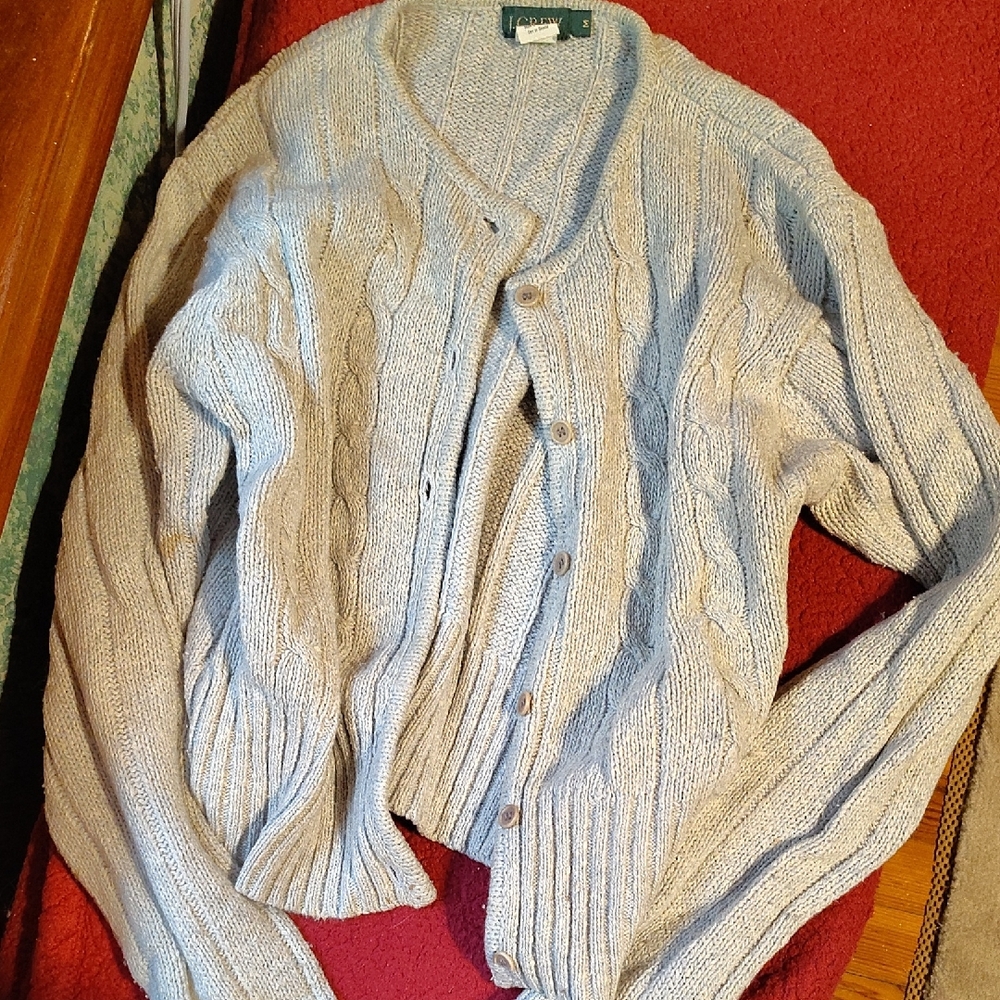 Lands' End Light Wool/Cotton Gray Cable Knit Cardigan